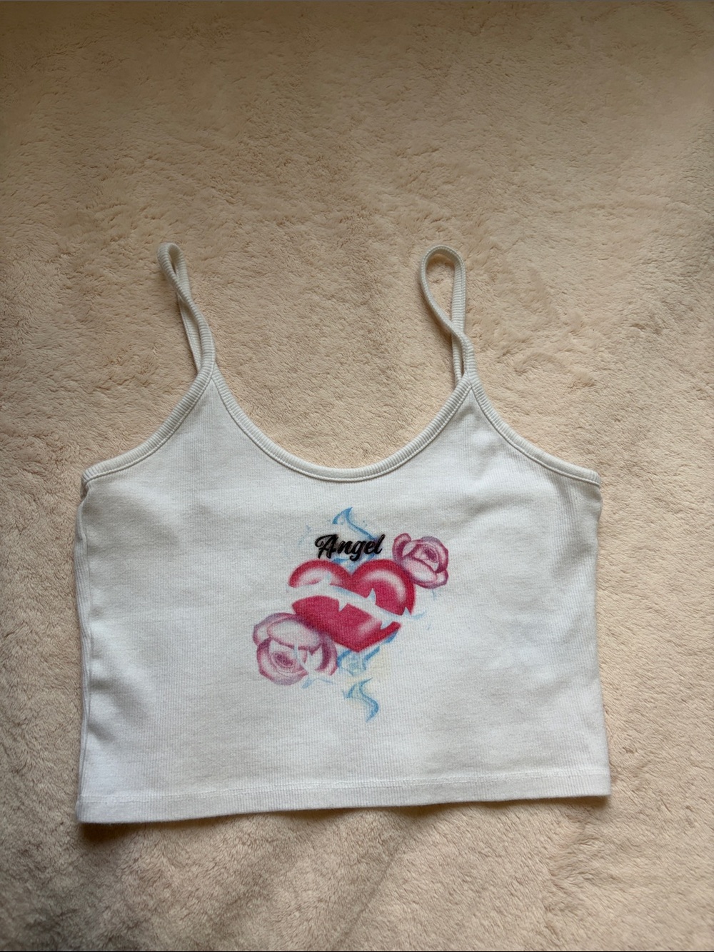 Cotton On White Spaghetti Strap Crop Top with Pink Heart & Rose Graphic